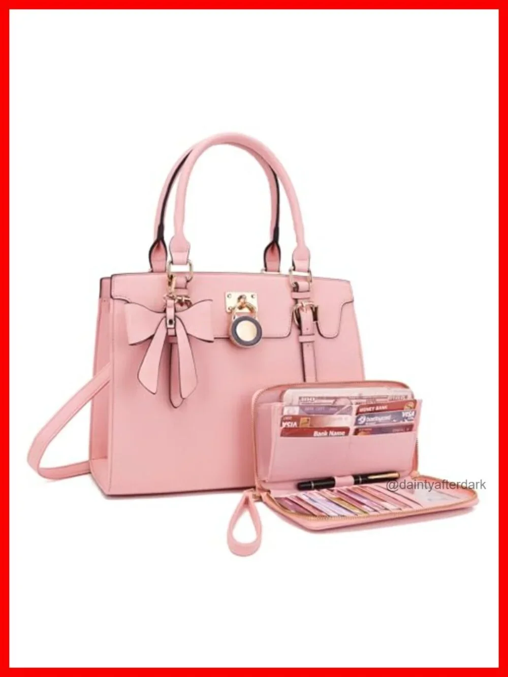 Vegan Leather Satchel Handbag & Wallet Set w/ RFID Blocking, Top Handle